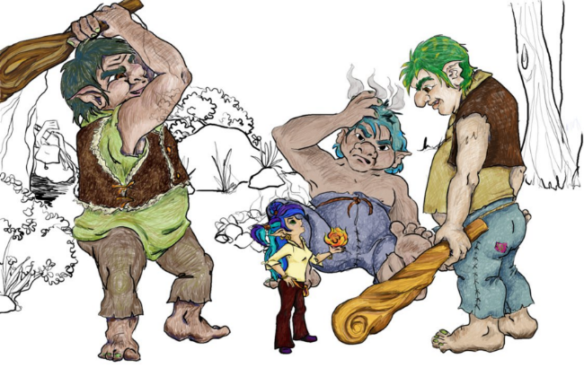 A female gnome facing off against three club weilding ogres.